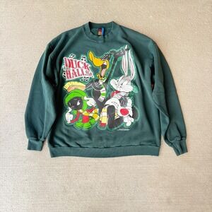 Vintage Sun Unisex Sweatshirt Green Looney Tunes‎ Duck The Halls Long Sleeve